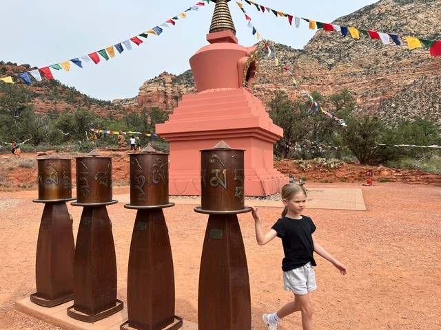 Buddhist stupa with prayer wheels in Sedona, Arizona